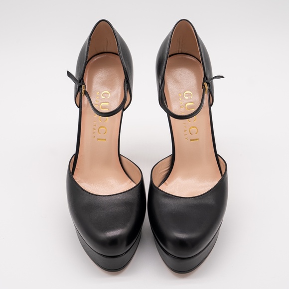 size 40.5G 10.5 US Gucci Platform Pumps Black Leather Strap Buckle - Picture 3 of 12